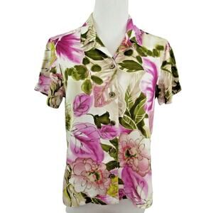 Caribbean Joe Button Front Blouse Tropical Pink Floral Size Small Women's